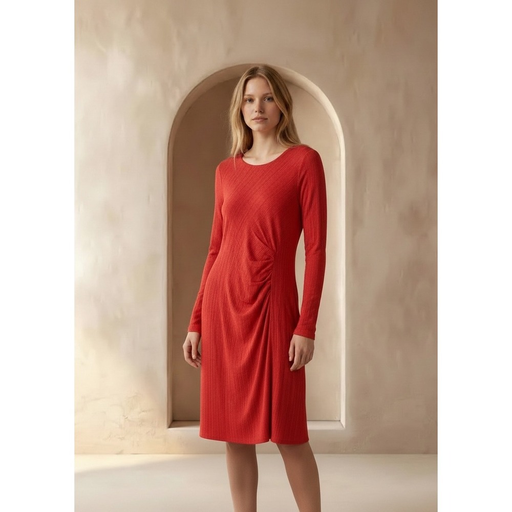 Gilli Red Ribbed Long Sleeve Ruched Minimalist Midi Dress  Medium